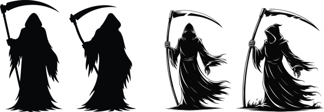 Gothic Grim Reaper Silhouette Lineup Vector Illustration Set, Modern Horror Mascot Collection, Haunted Halloween Cloaked Wraith Graphics, vector, illustration, silhouette.