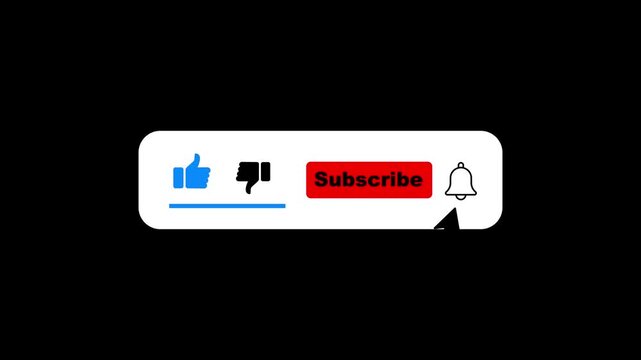 Social media engagement button overlay with like, dislike, subscribe, and notification bell animation on transparent background