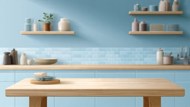 Modern kitchen interior with pastel blue walls wooden table shelves and ceramic kitchenware decor