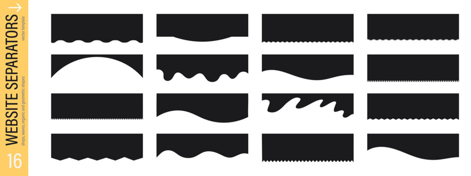 Website separator set. Black abstract borders. Collection of wave, zigzag and geometric divider shapes. Vector template.