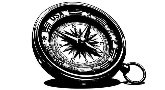 Antique style compass with an american flag design and usa inscription, black and whi