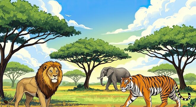 A colorful cartoon illustration of a lion, tiger, and elephant in a savannah with trees and a blue sky with clouds