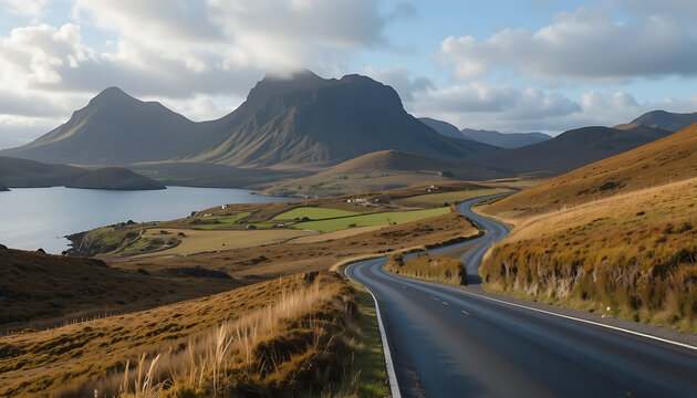 Winding road through rolling hills and mountains, lake in background