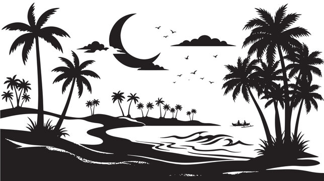 Tropical beach silhouette with palm trees and crescent moon, night island landscape vector illustration, black and white coastal scenery EPS