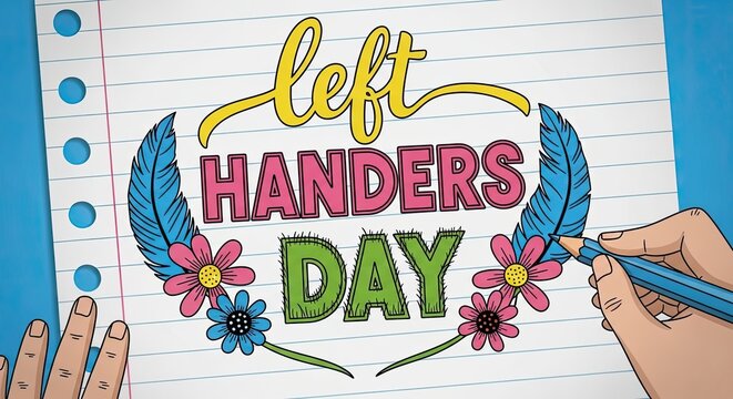 Celebrating left handers day with colorful flowers and feathers on lined paper background