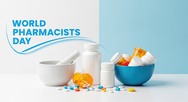 World pharmacists day celebration with pharmacy supplies and medication on a table with a blue and white background