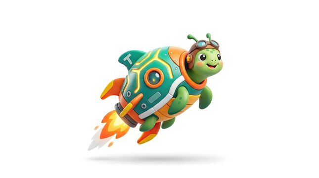 Whimsical Flying Turtle Character with Rocket Propulsion