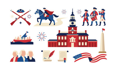 American Revolutionary War historical elements set with Independence Hall, George Washington founding fathers portraits, soldiers marching, declaration of independence scroll, flat Illustration © decade-studio