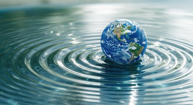 A stunning visual representation of earth gently placed in rippling water, symbolizing global harmony and the importance of water conservation on our planet