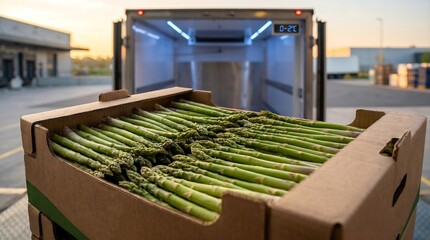 Fototapeta premium Fresh Asparagus in Refrigerated Truck During Cold Chain Delivery and Temperature Controlled Food Logistics