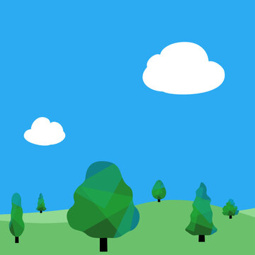 爽やかな夏の風景ー木と丘と雲　ベクターイラスト