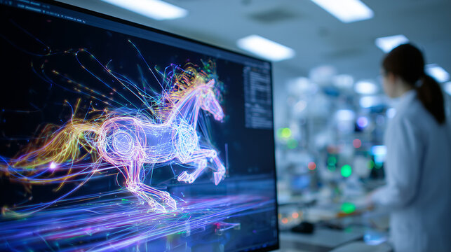 Scientist looking at a glowing neon digital 3D horse data simulation on laboratory monitor
