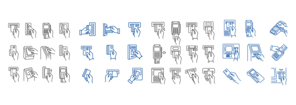 ATM Card Insertion Line Art Icons Set on Transparent Background, atm card insertion, atm icon, card insertion icon, debit card icon, credit card icon, bank card, payment card, atm machine, cash,