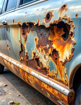 Close-up of car body panel deeply corroded with rust
