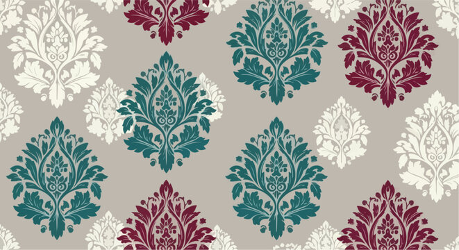 Sophisticated floral wallpaper featuring elegant vintage inspired damask arrangements
