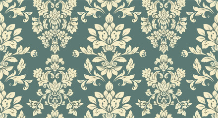 Traditional floral ornament wallpaper with seamless teal decorative motifs © Erica