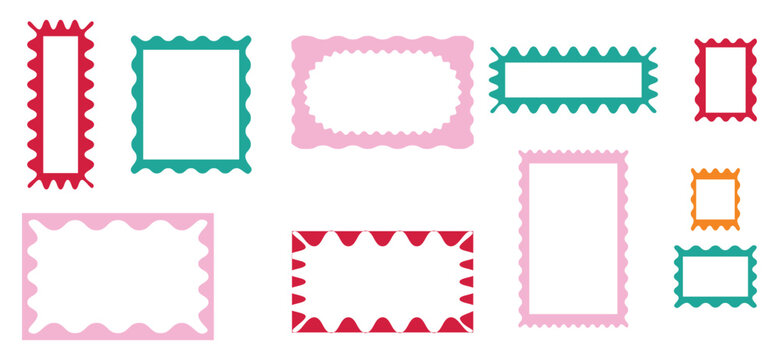Colorful rectangle frames with wiggly zigzag borders abstract corrugated vector shape set. Geometric shapes with scallop and zigzag edges set. Zig zag edge circle, square shape collection.