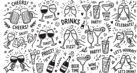 Hand drawn party drinks doodle set, black and white alcohol beverage illustrations, cheers and toast celebration icons in EPS format © Ali