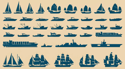 Set of diverse boat and ship silhouettes for maritime and transport themes © CS23