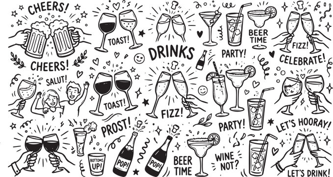 Hand drawn party drinks doodle set, black and white alcohol beverage illustrations, cheers and toast celebration icons in EPS format