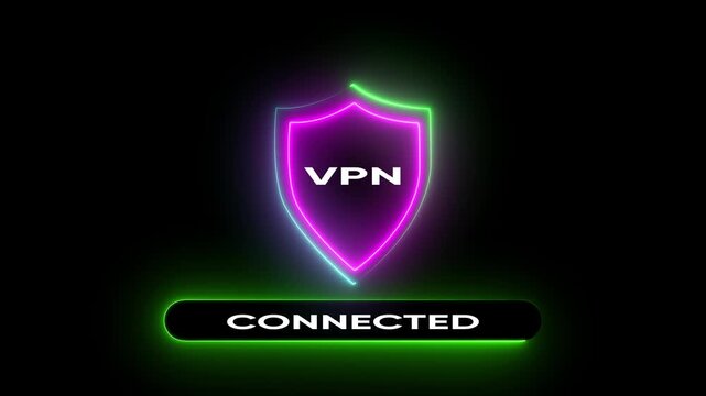 Neon vpn connected shield animation for cybersecurity and online privacy protection virtual private network