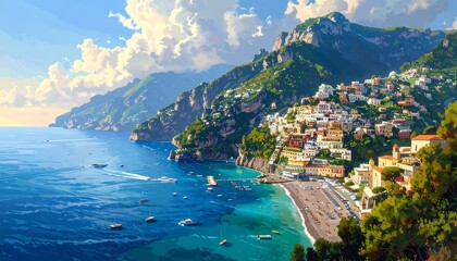 Obraz premium Coastal scene portrays a vibrant town nestled on a hillside overlooking a tranquil sea, with boats scattered across