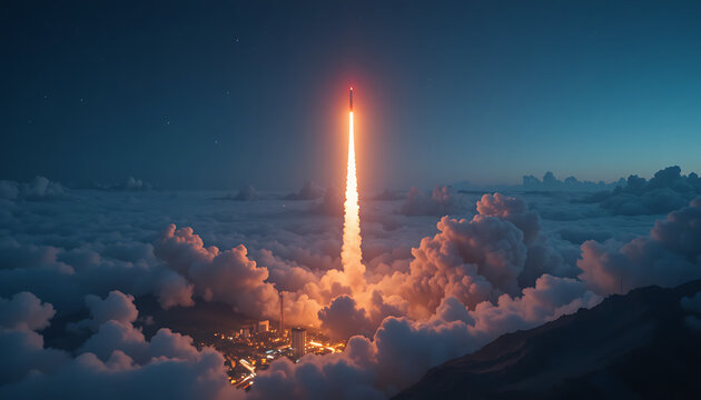 Rocket launch, above clouds, night sky space