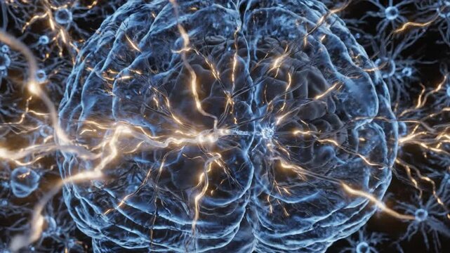 Advanced medical animation of sensory neuron activity inside a realistic human brain intricate cellular structures glowing synaptic connections and continuous bioelectric transmission through neural p