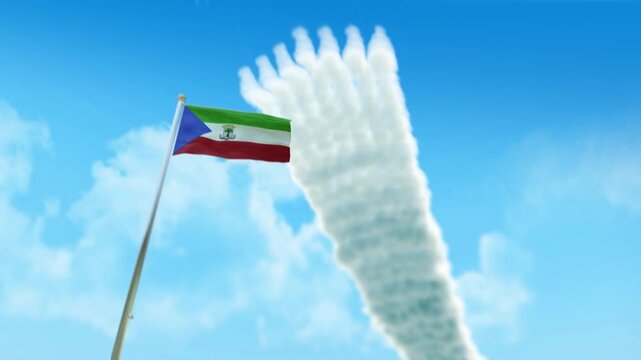 Equatorial Guinea Flag 3D Render Animation on Pole with Fighter Jets Smoke Trails in Blue Sky - Low Angle View