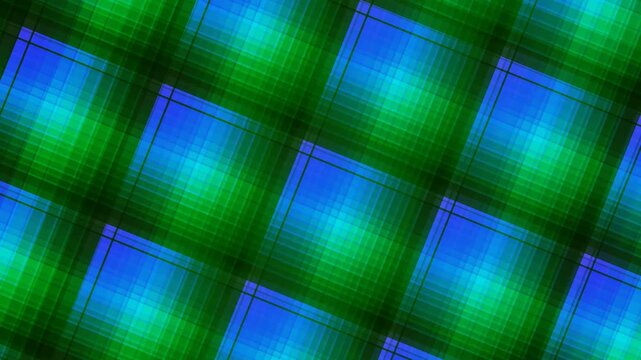 Vibrant green and blue abstract pattern fills the entire frame with squares