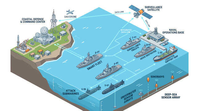 Isometric smart naval defense ecosystem infographic with connected fleet military ship attack submarine surveillance satellite drone and radar vector illustration