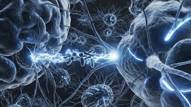 Futuristic 3D visualization of sensory nervous system communication detailed neurons illuminated with blue energy realistic signal propagation through axons and synapses dynamic neural interactions wi