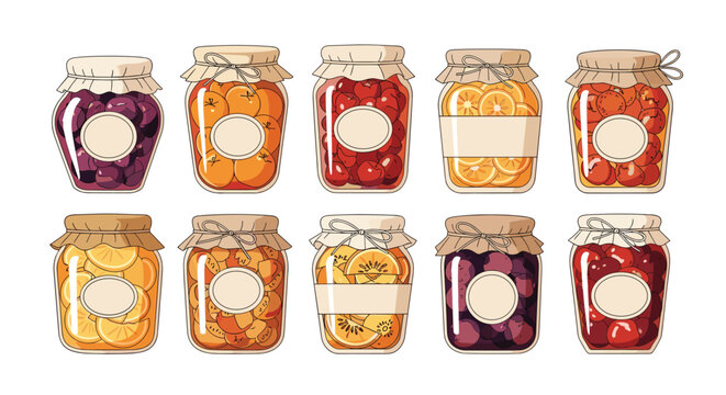 Various glass jars filled with colorful fruit preserves and jams, featuring oranges, cherries, and berries with rustic paper lids.