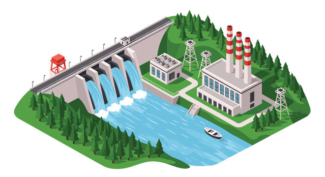Isometric view of a large hydroelectric dam and power station surrounded by evergreen forests, generating clean renewable energy from water.