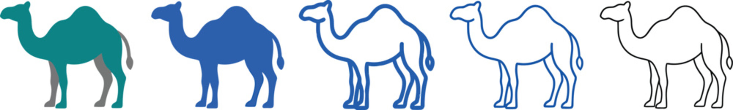 Five camel silhouettes in gradient blue tones minimalist vector illustration