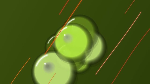 Green orbs hover in dark space with orange lines moving quickly nearby