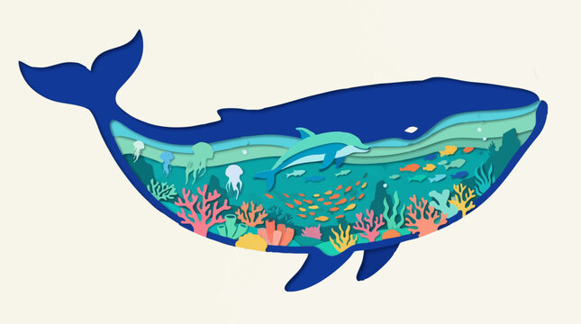 Paper cut whale with marine life inside, vibrant ocean ecosystem artwork