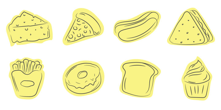 Fast Food Line Art Doodle Vector Illustration, hand-drawn, Junk Sweet Daily Foods