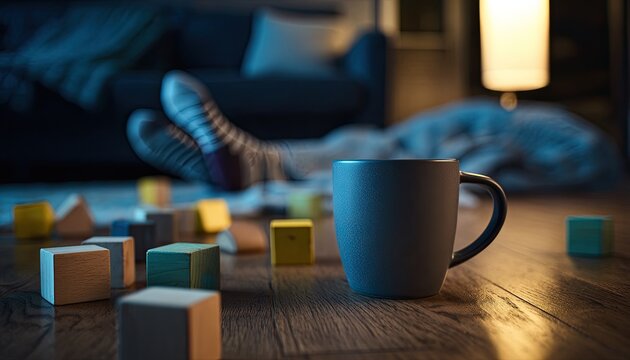 Cozy home scene with a mug and scattered wooden blocks on floor