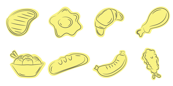 Fast Food Line Art Doodle Vector Illustration, hand-drawn, Junk Sweet crispy  american Breakfast Foods