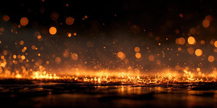 Ethereal glowing embers and sparks dance in smoky, dark atmosphere