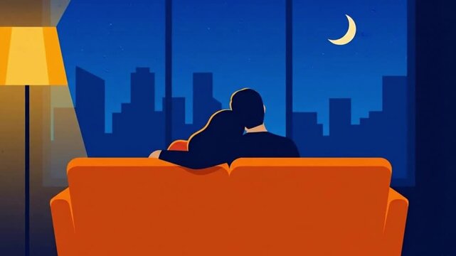 Romantic couple sitting on a comfortable sofa at home, enjoying the peaceful city night view from their window.
