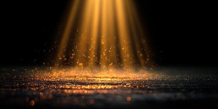 Golden light beams illuminate shimmering particles and a textured ground