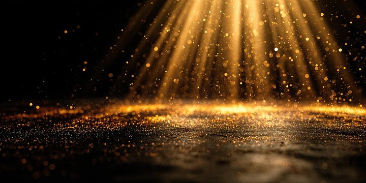 Golden light beams shine through sparkling dust onto a dark, textured surface