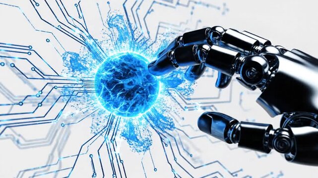 Robotic hand interacting with glowing blue digital sphere on circuit board background