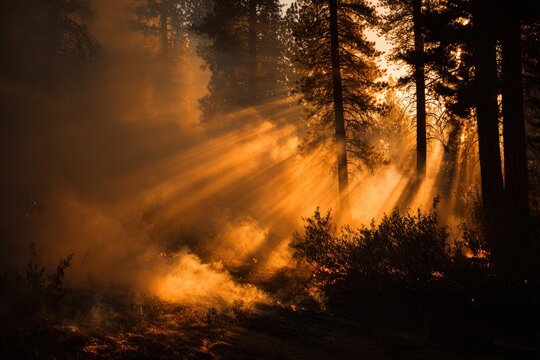Sunbeams pierce smoky forest, illuminating flames and trees at dusk