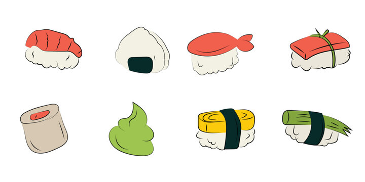 Japanese Sushi Line Art Doodle Vector Illustration, hand-drawn, Sweet crispy  Asian Foods