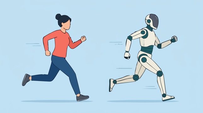 Human and robot running side by side, symbolizing competition or progress