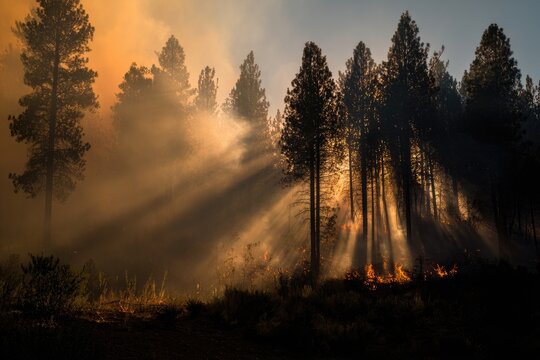 Sunlight streams through smoky trees during a forest fire