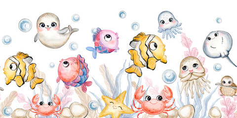 Obraz premium Watercolor seamless border with various marine animals, starfish, fur seal, stingray, jellyfish, crab, turtle, blue bubbles and colorful algae and rocks. Handmade watercolor illustration for printing,